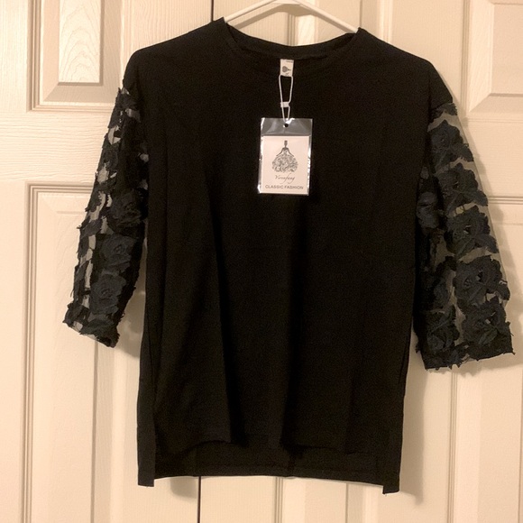 Black Mesh floral appliqué sleeve -Long sleeved crew neck Tshirt- Size M-NWT - Picture 1 of 6